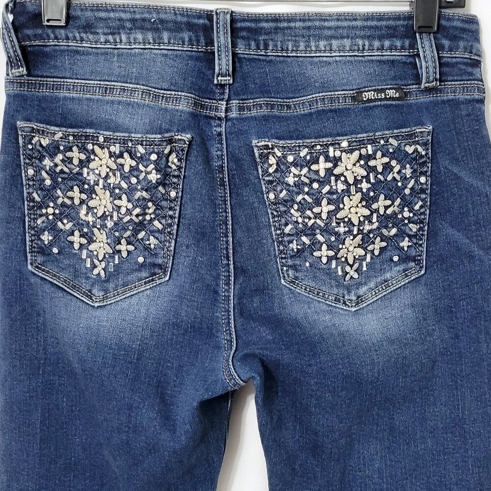 Miss Me Womens Skinny Jeans Sz 27 Floral Rhinestone Embellished Boho Biker Bling